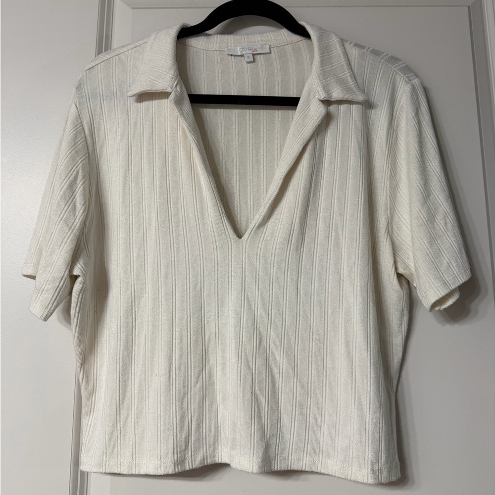GB Fashion London Womens Ribbed Knit V-Neck Collared Polo Top Cream XL